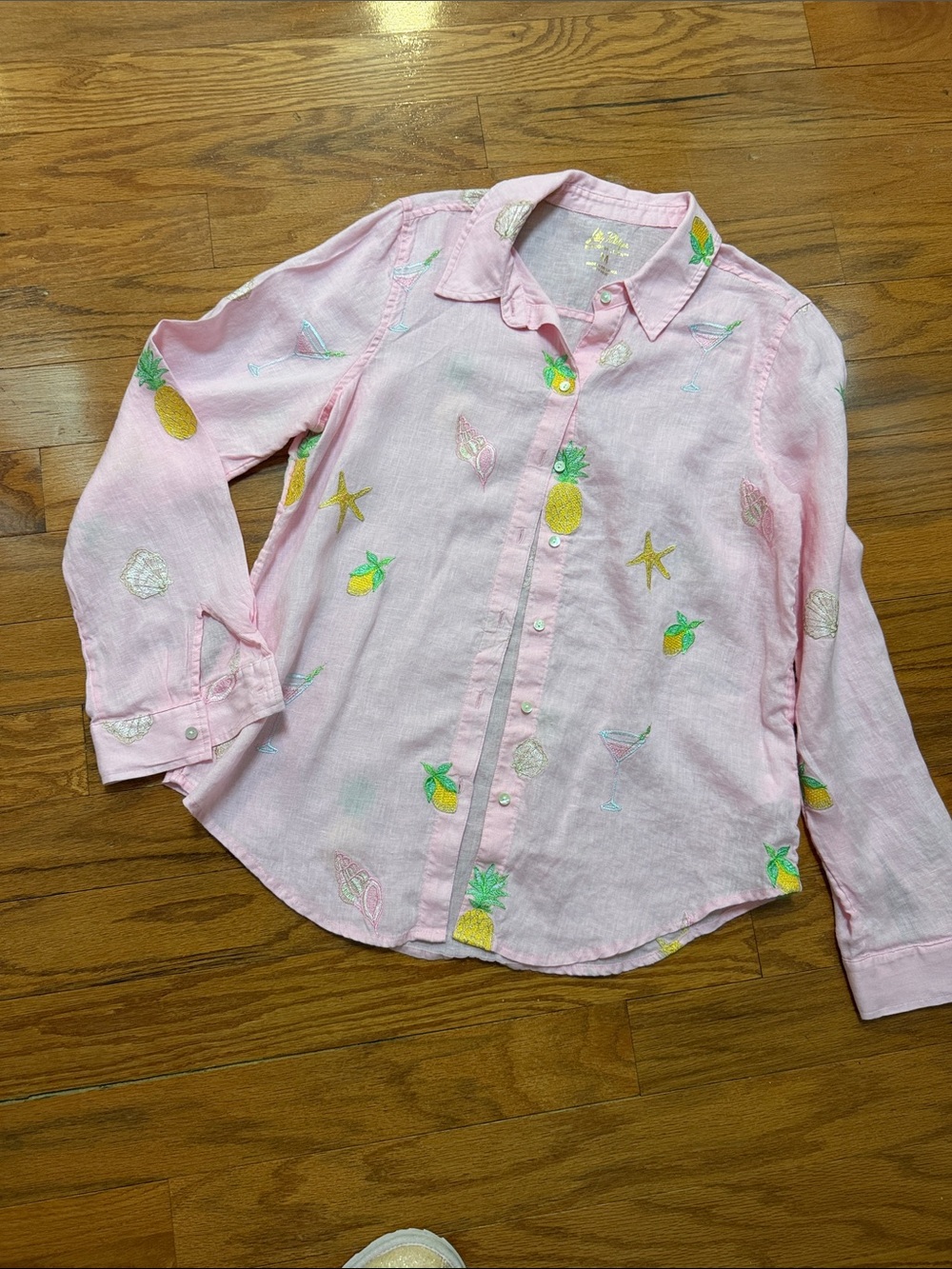 Lilly Pulitzer Pink Pineapple & Shell Embroidered linen Button-Down Shirt